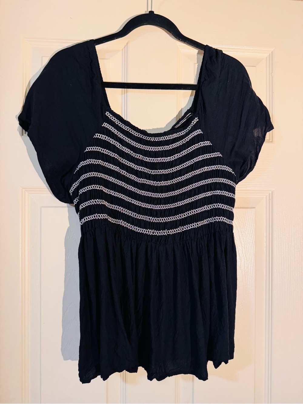 SO Black Short Sleeve Smocked Tunic with White Embroidery